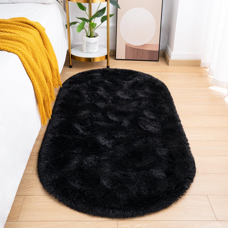 Goideal Fluffy Bedroom Rug, Small Oval Area Rugs, Black Shag Bedside Carpet for Kids Room Nursery Dorm Cute Fuzzy Indoor Decor for Boy and Girl, 2.6 x 5.3 Feet - Image 1